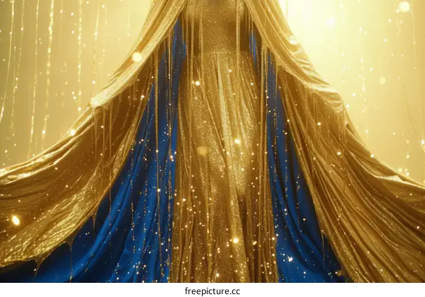 Woman wearing golden dress with blue lining