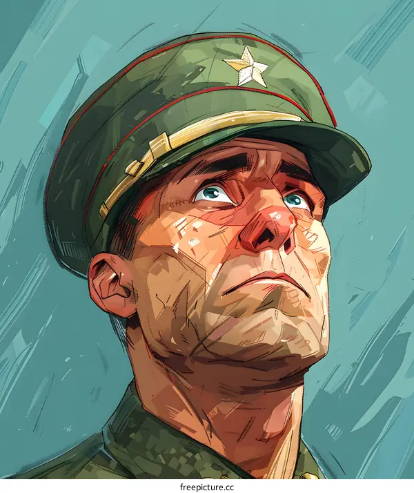 Illustration of a soldier wearing a green hat with a red star