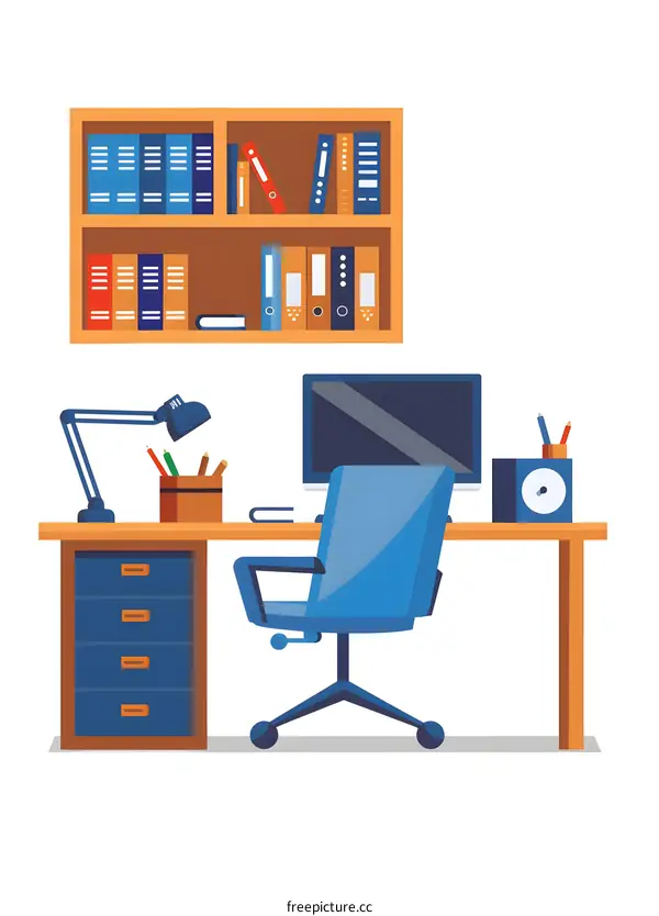 Cartoon Illustration of a Desk with Bookshelf, Computer, Lamp, and Chair