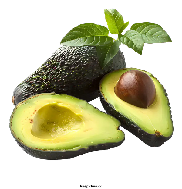 [Transparent Background PNG]Fresh Avocado with Leaves