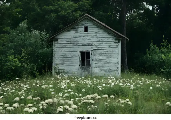Old White Wooden Shed in a Field of Wildflowers