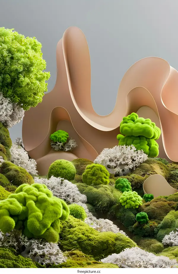 Abstract Green Moss Landscape with Curved Shapes