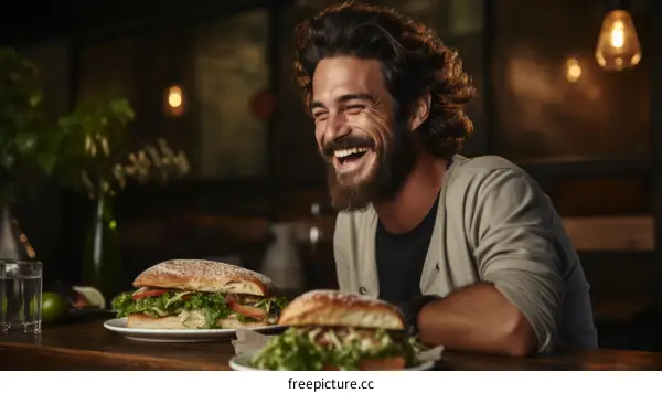 Bearded man laughing with sandwiches on table