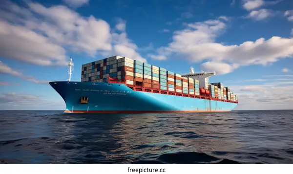 A Large Container Ship Sails on the Ocean