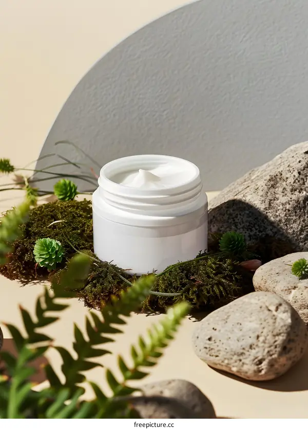 Natural Skincare Cream Jar with Moss and Stones