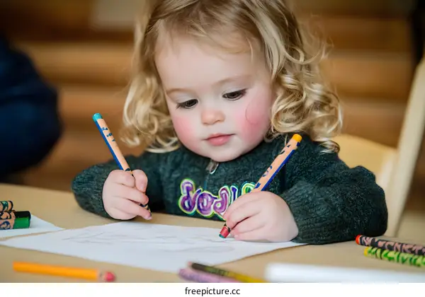 Little Girl Drawing with Colorful Crayons