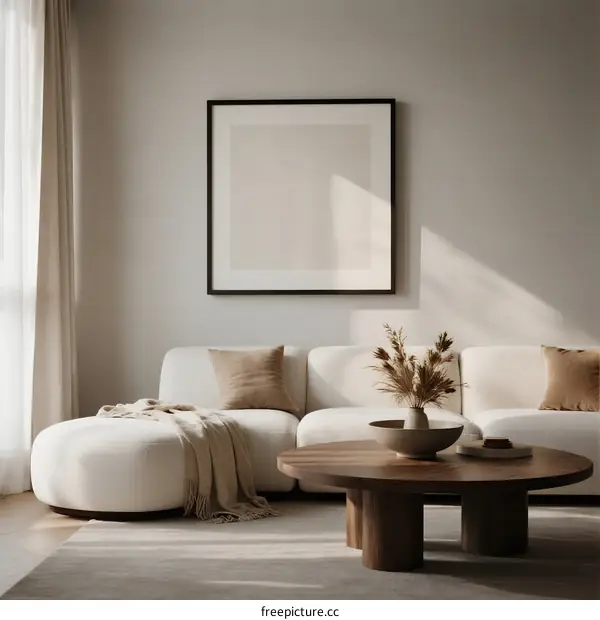 Minimalist living room with white sofa and wooden coffee table