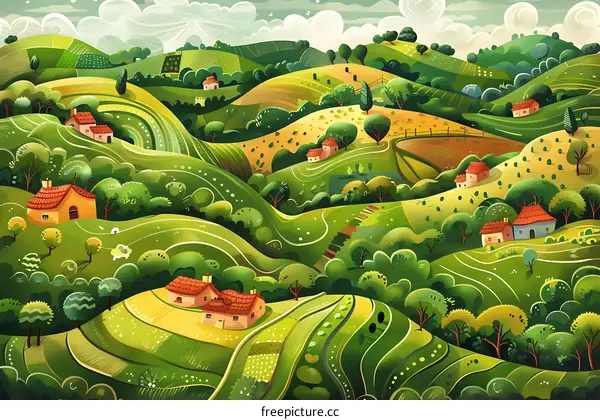 Beautiful Landscape With Green Hills And Houses Illustration