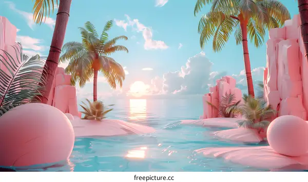 Pink Tropical Paradise Beach Scene with Sunset