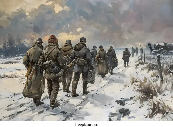 A group of soldiers walking in the snow during World War II