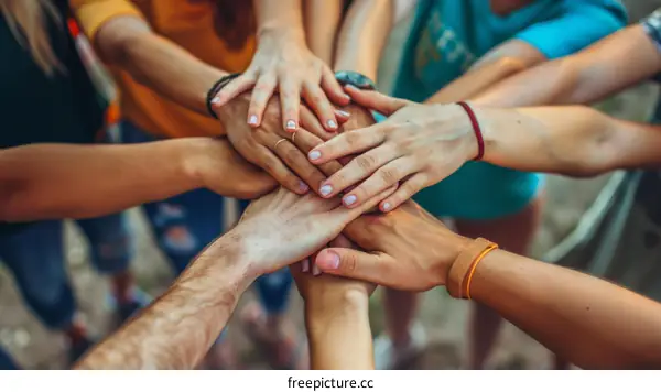 A group of diverse people joining their hands together