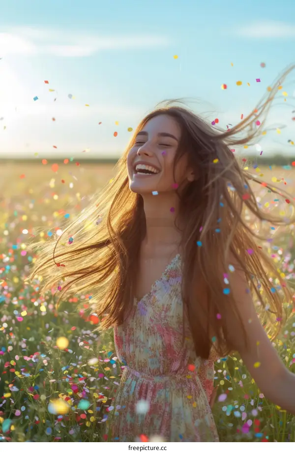 carefree young woman in a field of flowers