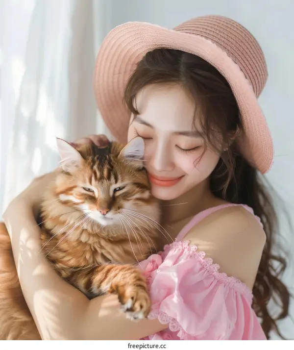 A young woman is hugging a ginger cat
