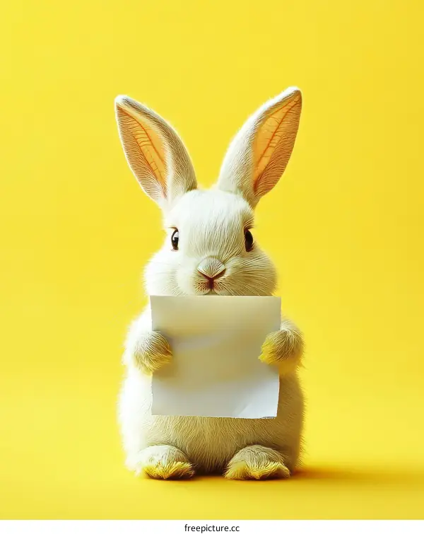 Adorable White Rabbit Holding Blank Note