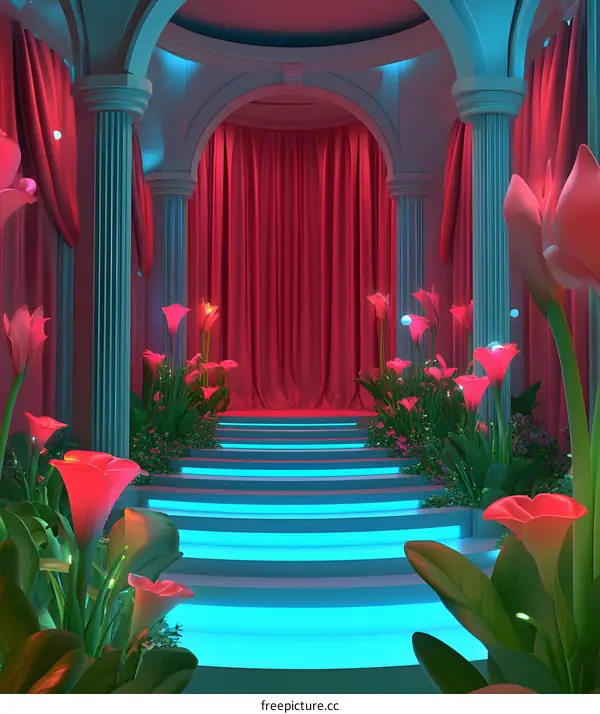 Blue Neon Steps and Red Curtains With Flowers
