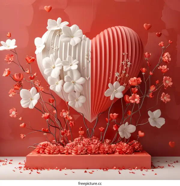 Red and White Paper Flowers Heart Decoration