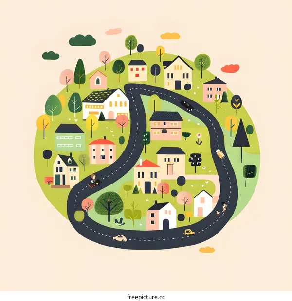 Cute Cartoon Illustration Of Small Town With Houses And Cars