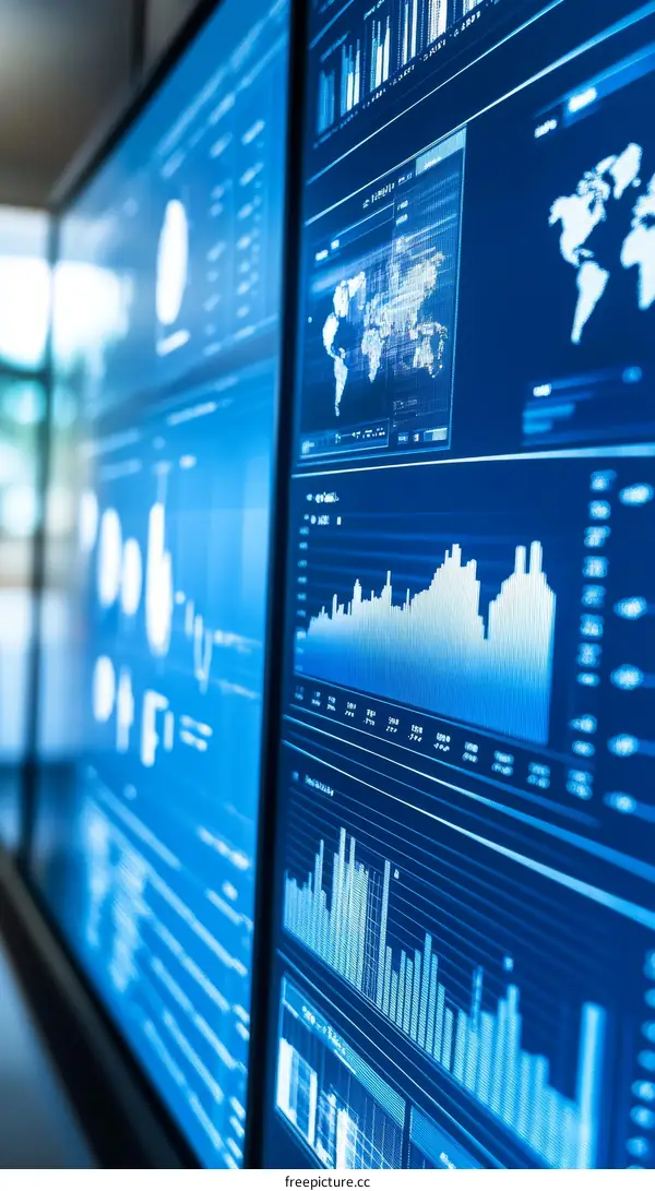 Large Wall-Mounted Display Screen with Multiple Data Charts and Graphs