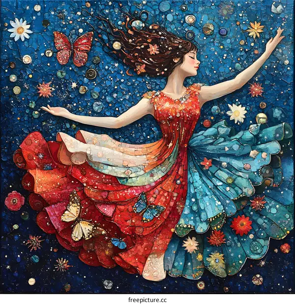 Woman in Red Dress Floating in Space