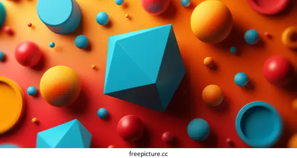 Colorful 3D shapes on a red and orange background