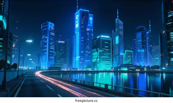 Night View of Modern Urban Skyline with Glowing Neon Lights