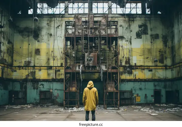 Man in yellow raincoat standing in an abandoned factory