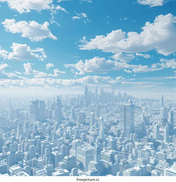 Futuristic Cityscape with White Buildings and Blue Sky