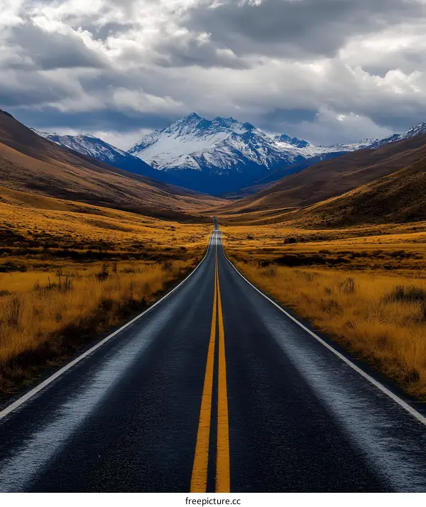 Asphalt Road Leading to Snow Capped Mountain Peak