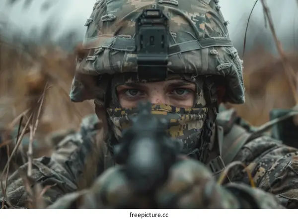 Soldier aiming his rifle