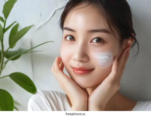 Smiling Woman Applying Facial Cream