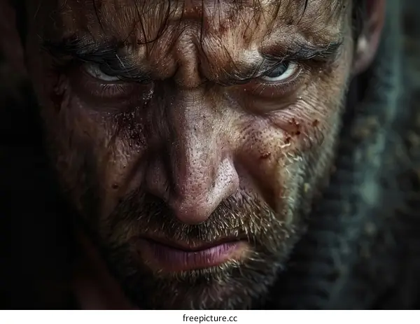 Close-up Portrait of a Man with Wounds and Intense Gaze