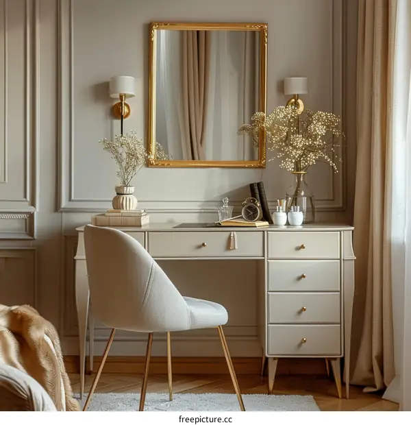 Elegant Dressing Table with Glamorous Mirror and Floral Arrangement