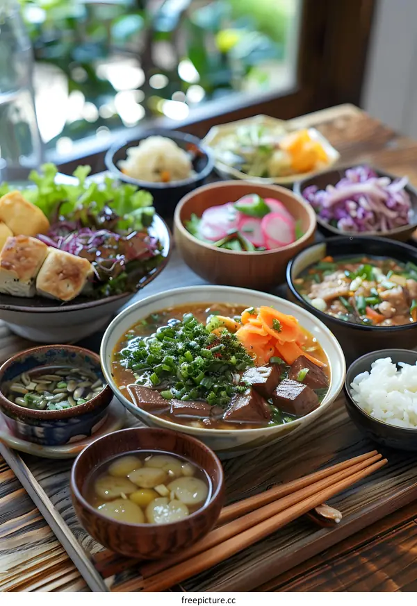 A delicious and healthy meal with soup, salad, and rice