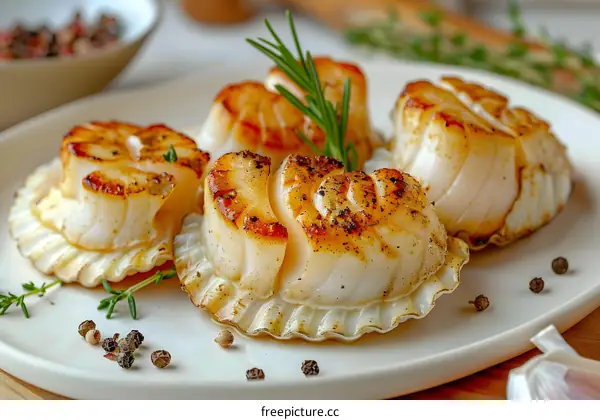 plate of four grilled scallops with rosemary and peppercorns