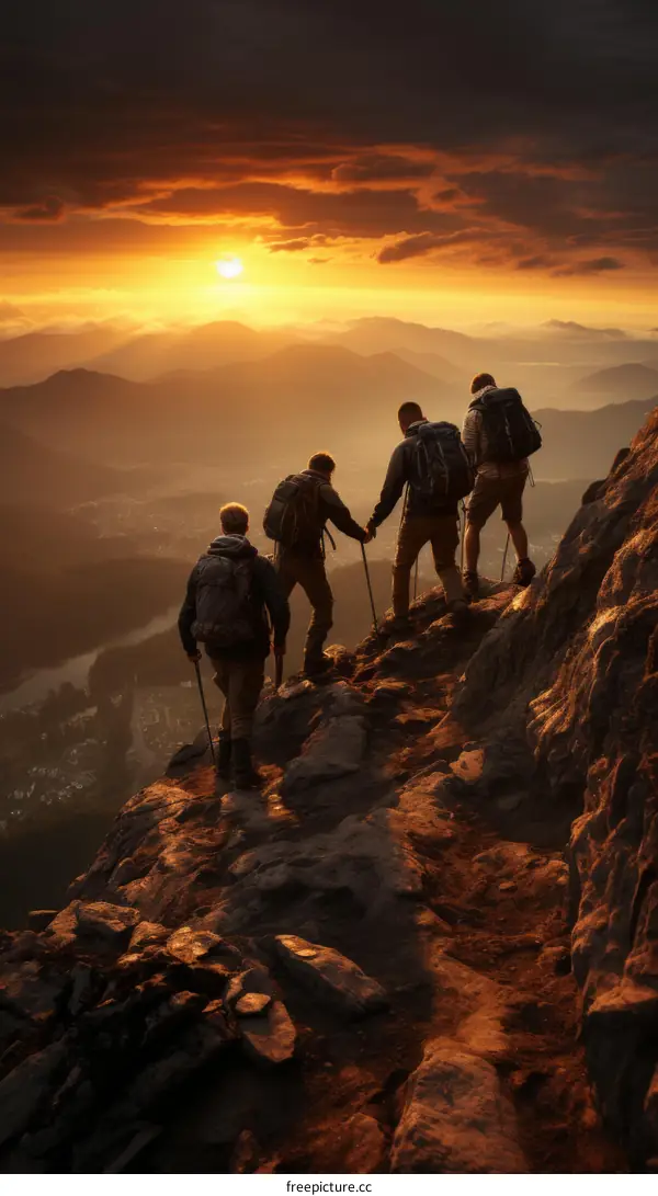Four hikers on a mountaintop at sunset