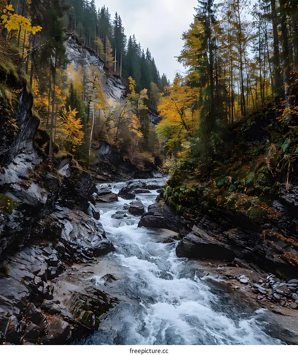 Autumn Forest Stream in a Gorge