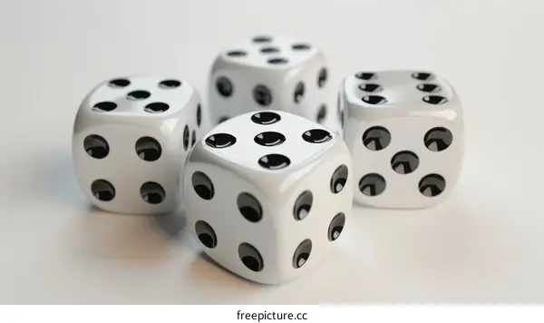 Four White Dice with Black Pips on a White Background