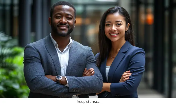 Two Business Professionals Posing in Modern Office Environment