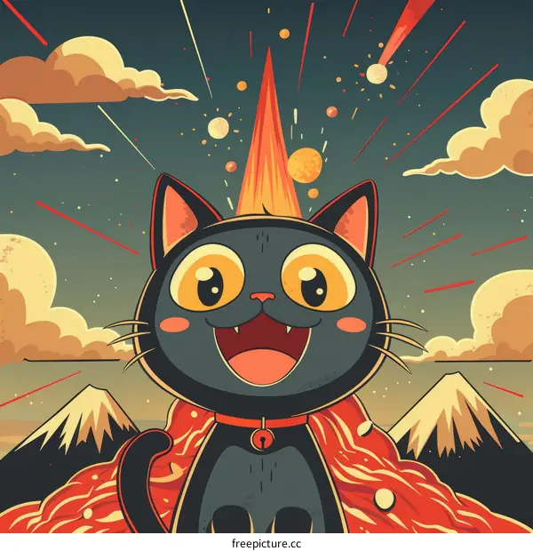 A happy black cat standing in front of a volcano