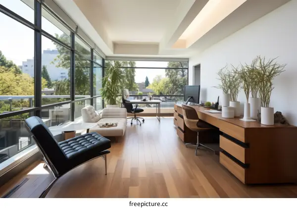 Modern home office with large windows and a view of the cityscape