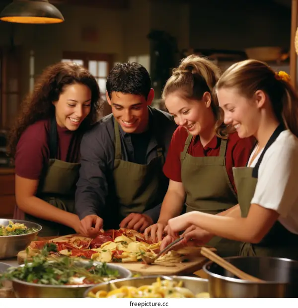 Four people cooking in a kitchen