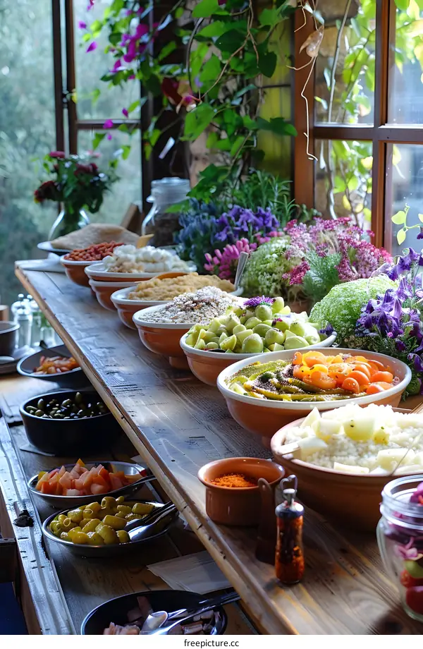 Fresh Salad Bar With Assorted Vegetables and Flowers