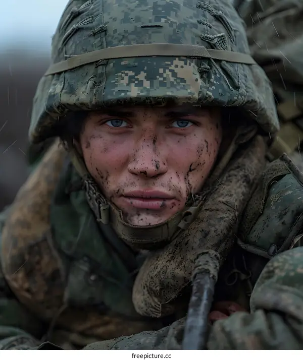 Portrait of a young soldier with blue eyes and a dirty face wearing a military helmet