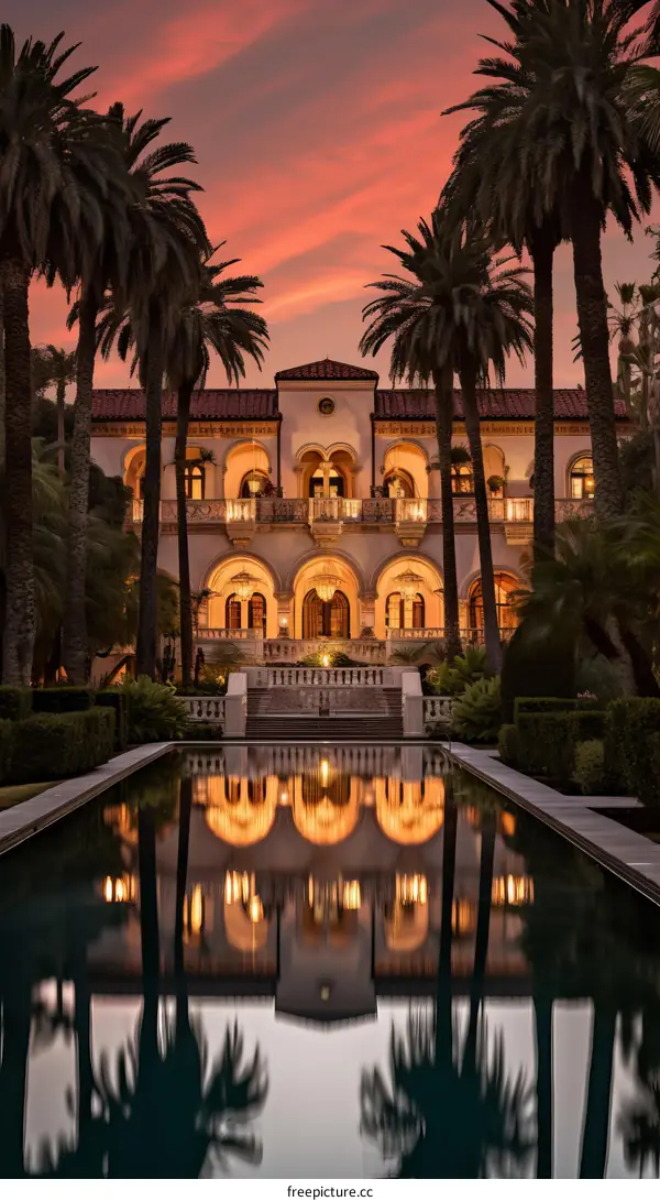 Luxurious Mansion with Palm Trees at Sunset
