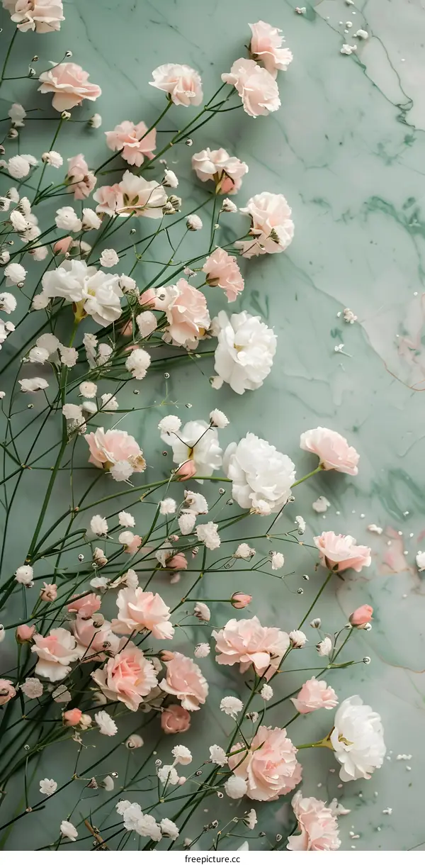 Pink and White Flowers on Green Marble Background