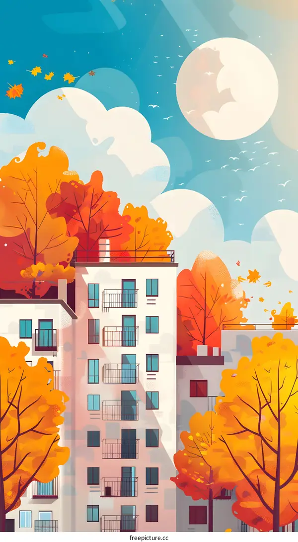 Autumn Cityscape with Buildings and Trees