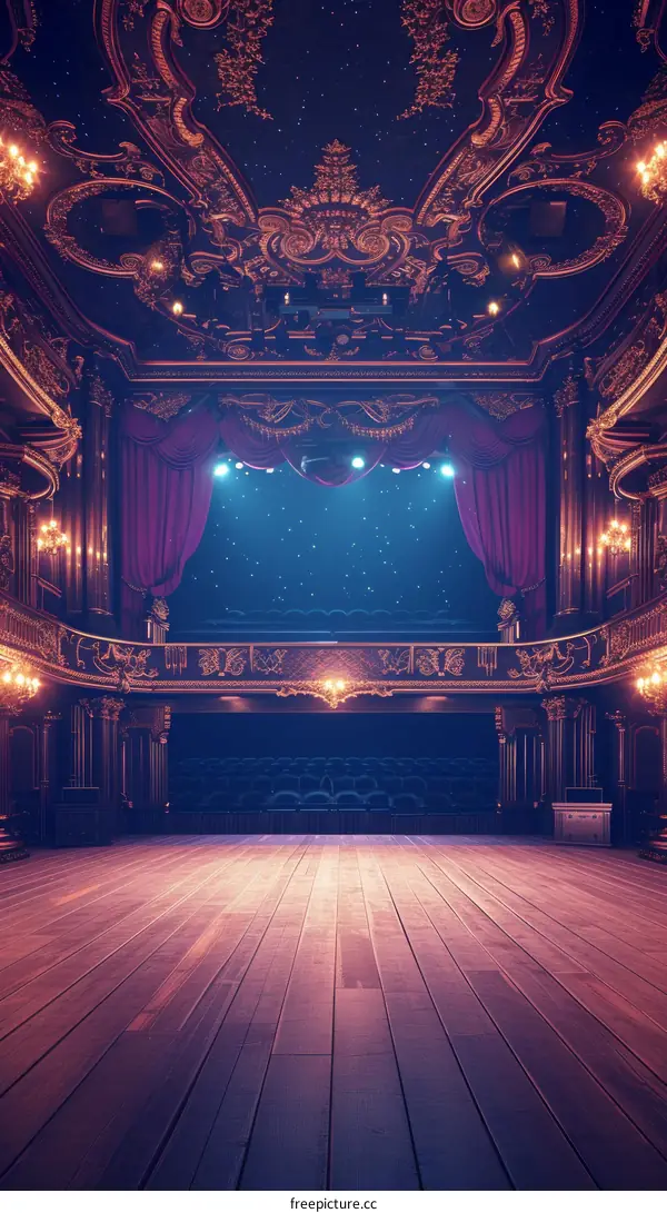 An empty theater stage with a blue starry night backdrop