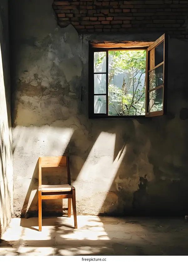 Sunlight Streaming Through Window in Empty Room with Wooden Chair