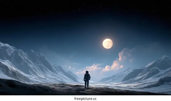 Astronaut on a Snowy Alien Planet at Night