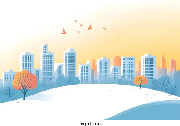 Winter Cityscape with Trees and Birds